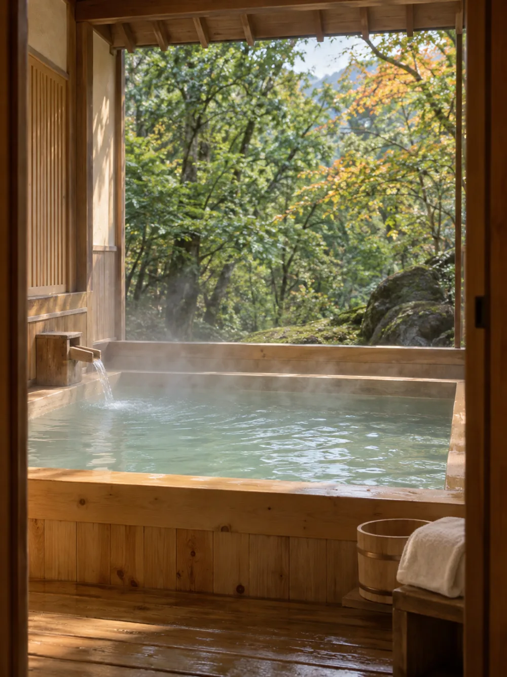 A wooden bath opening onto a green forest — an AI atmosphere image